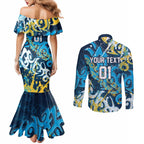 Personalized Gold Coast Titans Rugby Couples Matching Mermaid Dress and Long Sleeve Button Shirt Urban Street Graffiti Style - Distressed Splatter Elements