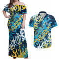 Personalized Gold Coast Titans Rugby Couples Matching Off Shoulder Maxi Dress and Hawaiian Shirt Urban Street Graffiti Style - Distressed Splatter Elements