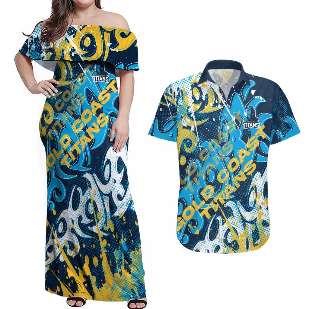Personalized Gold Coast Titans Rugby Couples Matching Off Shoulder Maxi Dress and Hawaiian Shirt Urban Street Graffiti Style - Distressed Splatter Elements