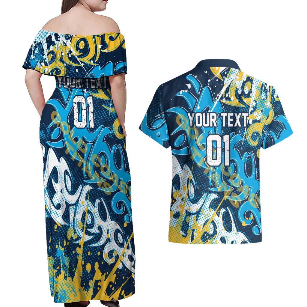 Personalized Gold Coast Titans Rugby Couples Matching Off Shoulder Maxi Dress and Hawaiian Shirt Urban Street Graffiti Style - Distressed Splatter Elements