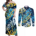 Personalized Gold Coast Titans Rugby Couples Matching Off Shoulder Maxi Dress and Long Sleeve Button Shirt Urban Street Graffiti Style - Distressed Splatter Elements