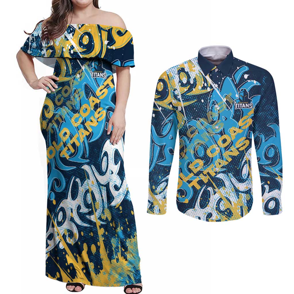 Personalized Gold Coast Titans Rugby Couples Matching Off Shoulder Maxi Dress and Long Sleeve Button Shirt Urban Street Graffiti Style - Distressed Splatter Elements