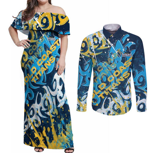 Personalized Gold Coast Titans Rugby Couples Matching Off Shoulder Maxi Dress and Long Sleeve Button Shirt Urban Street Graffiti Style - Distressed Splatter Elements