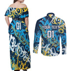 Personalized Gold Coast Titans Rugby Couples Matching Off Shoulder Maxi Dress and Long Sleeve Button Shirt Urban Street Graffiti Style - Distressed Splatter Elements