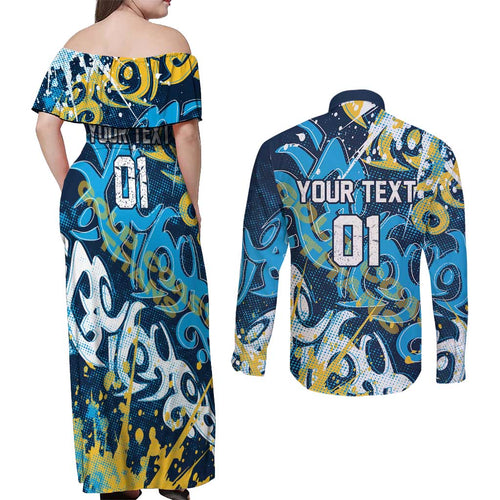 Personalized Gold Coast Titans Rugby Couples Matching Off Shoulder Maxi Dress and Long Sleeve Button Shirt Urban Street Graffiti Style - Distressed Splatter Elements