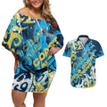 Personalized Gold Coast Titans Rugby Couples Matching Off Shoulder Short Dress and Hawaiian Shirt Urban Street Graffiti Style - Distressed Splatter Elements