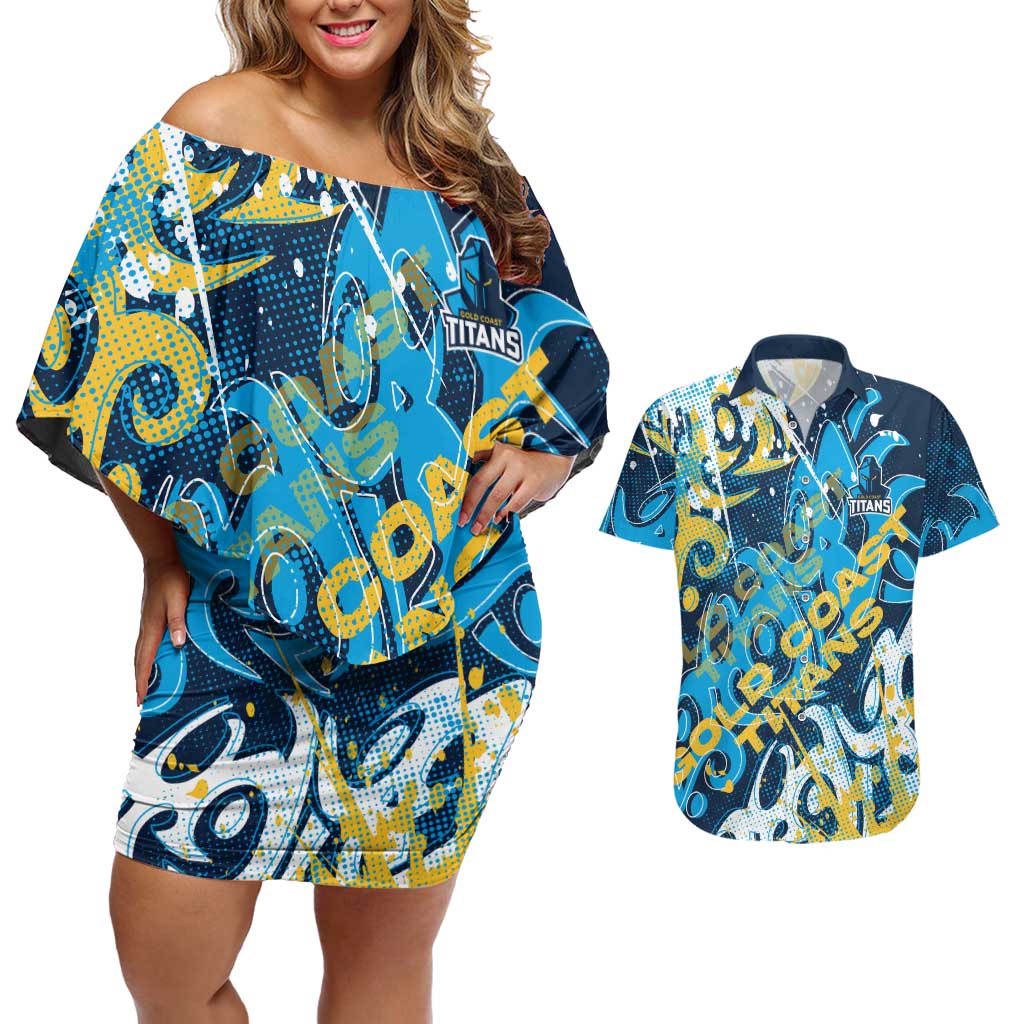 Personalized Gold Coast Titans Rugby Couples Matching Off Shoulder Short Dress and Hawaiian Shirt Urban Street Graffiti Style - Distressed Splatter Elements