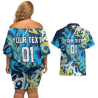 Personalized Gold Coast Titans Rugby Couples Matching Off Shoulder Short Dress and Hawaiian Shirt Urban Street Graffiti Style - Distressed Splatter Elements