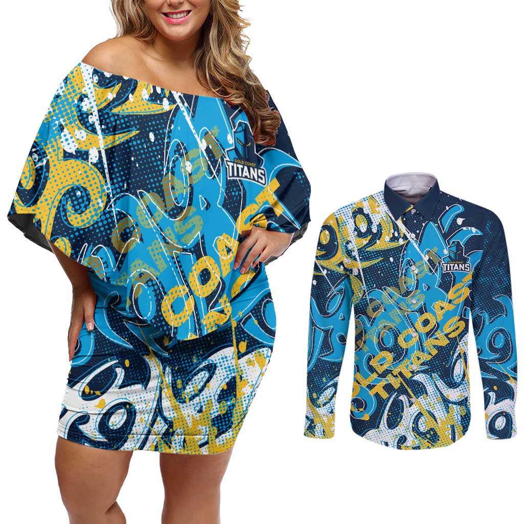 Personalized Gold Coast Titans Rugby Couples Matching Off Shoulder Short Dress and Long Sleeve Button Shirt Urban Street Graffiti Style - Distressed Splatter Elements