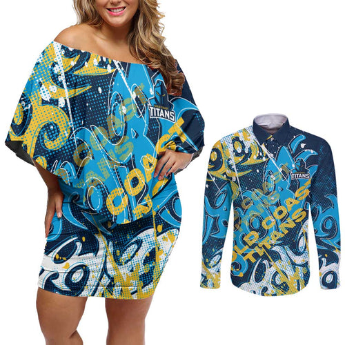 Personalized Gold Coast Titans Rugby Couples Matching Off Shoulder Short Dress and Long Sleeve Button Shirt Urban Street Graffiti Style - Distressed Splatter Elements