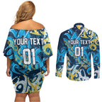 Personalized Gold Coast Titans Rugby Couples Matching Off Shoulder Short Dress and Long Sleeve Button Shirt Urban Street Graffiti Style - Distressed Splatter Elements