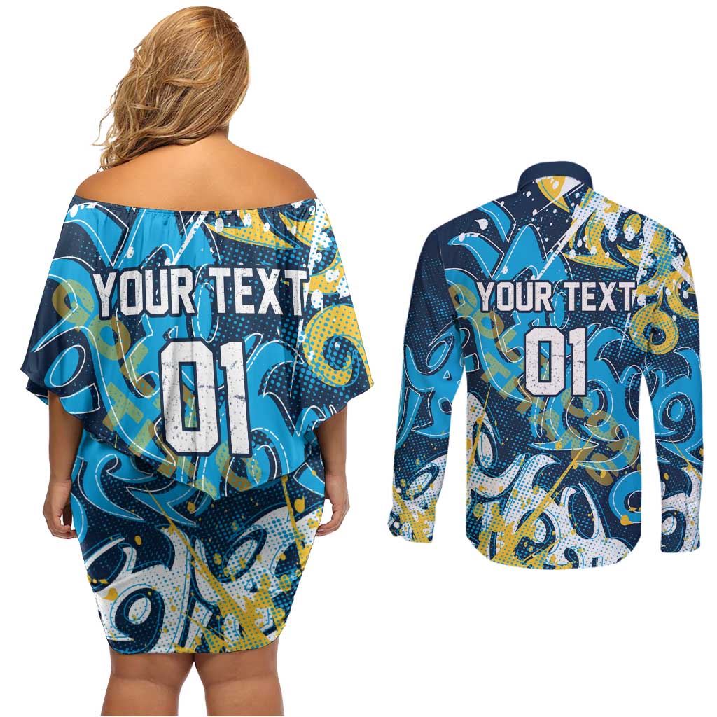 Personalized Gold Coast Titans Rugby Couples Matching Off Shoulder Short Dress and Long Sleeve Button Shirt Urban Street Graffiti Style - Distressed Splatter Elements