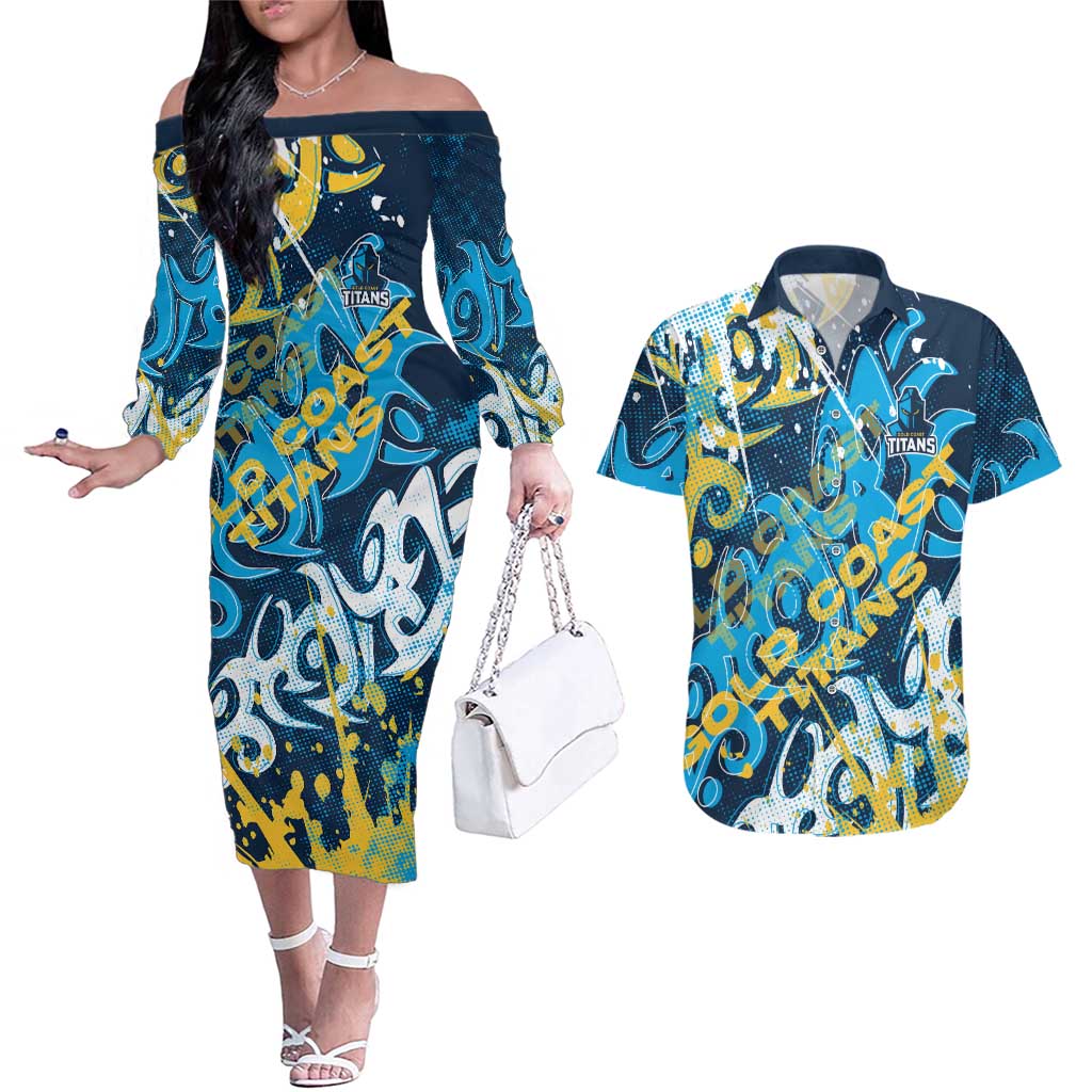 Personalized Gold Coast Titans Rugby Couples Matching Off The Shoulder Long Sleeve Dress and Hawaiian Shirt Urban Street Graffiti Style - Distressed Splatter Elements