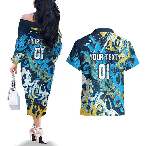 Personalized Gold Coast Titans Rugby Couples Matching Off The Shoulder Long Sleeve Dress and Hawaiian Shirt Urban Street Graffiti Style - Distressed Splatter Elements