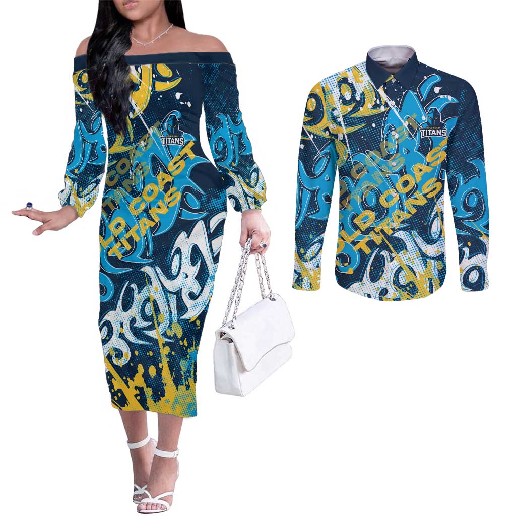 Personalized Gold Coast Titans Rugby Couples Matching Off The Shoulder Long Sleeve Dress and Long Sleeve Button Shirt Urban Street Graffiti Style - Distressed Splatter Elements
