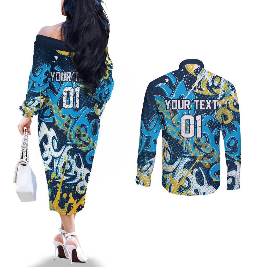 Personalized Gold Coast Titans Rugby Couples Matching Off The Shoulder Long Sleeve Dress and Long Sleeve Button Shirt Urban Street Graffiti Style - Distressed Splatter Elements