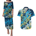 Personalized Gold Coast Titans Rugby Couples Matching Puletasi and Hawaiian Shirt Urban Street Graffiti Style - Distressed Splatter Elements