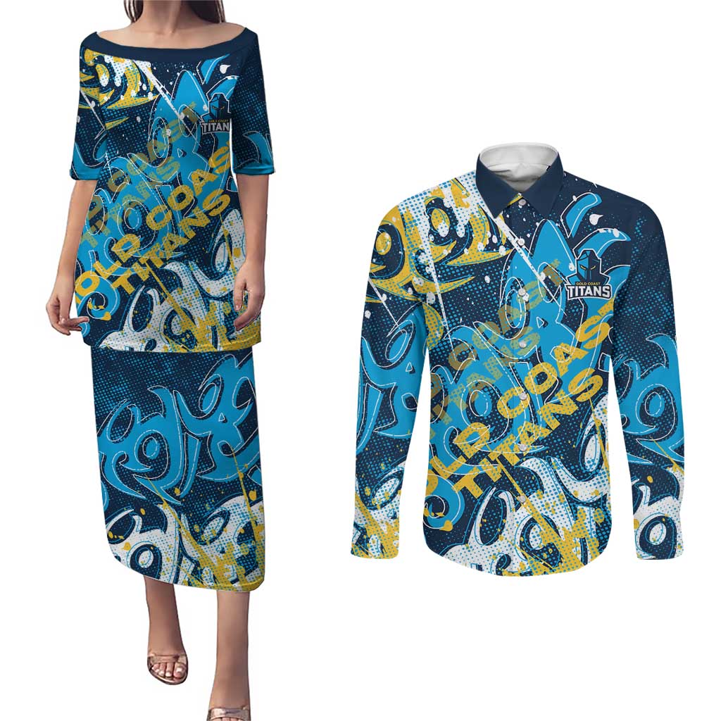 Personalized Gold Coast Titans Rugby Couples Matching Puletasi and Long Sleeve Button Shirt Urban Street Graffiti Style - Distressed Splatter Elements