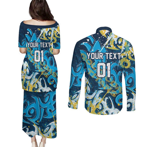 Personalized Gold Coast Titans Rugby Couples Matching Puletasi and Long Sleeve Button Shirt Urban Street Graffiti Style - Distressed Splatter Elements