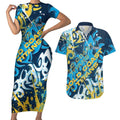 Personalized Gold Coast Titans Rugby Couples Matching Short Sleeve Bodycon Dress and Hawaiian Shirt Urban Street Graffiti Style - Distressed Splatter Elements
