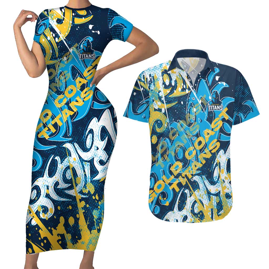 Personalized Gold Coast Titans Rugby Couples Matching Short Sleeve Bodycon Dress and Hawaiian Shirt Urban Street Graffiti Style - Distressed Splatter Elements