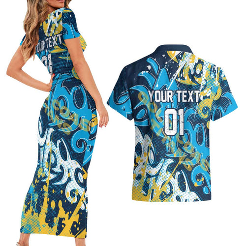Personalized Gold Coast Titans Rugby Couples Matching Short Sleeve Bodycon Dress and Hawaiian Shirt Urban Street Graffiti Style - Distressed Splatter Elements