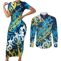 Personalized Gold Coast Titans Rugby Couples Matching Short Sleeve Bodycon Dress and Long Sleeve Button Shirt Urban Street Graffiti Style - Distressed Splatter Elements