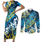 Personalized Gold Coast Titans Rugby Couples Matching Short Sleeve Bodycon Dress and Long Sleeve Button Shirt Urban Street Graffiti Style - Distressed Splatter Elements