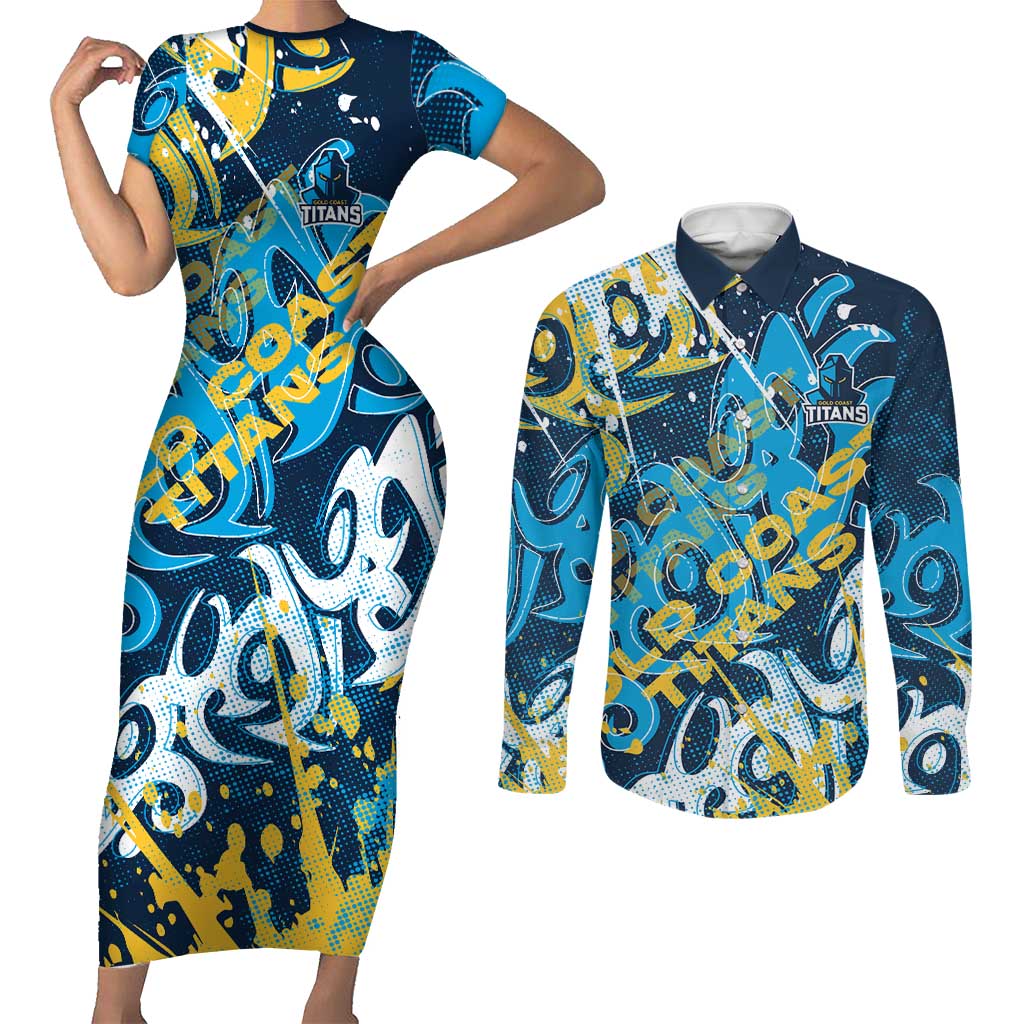 Personalized Gold Coast Titans Rugby Couples Matching Short Sleeve Bodycon Dress and Long Sleeve Button Shirt Urban Street Graffiti Style - Distressed Splatter Elements