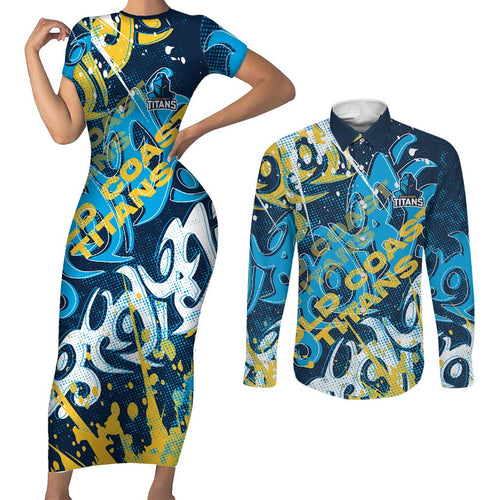 Personalized Gold Coast Titans Rugby Couples Matching Short Sleeve Bodycon Dress and Long Sleeve Button Shirt Urban Street Graffiti Style - Distressed Splatter Elements