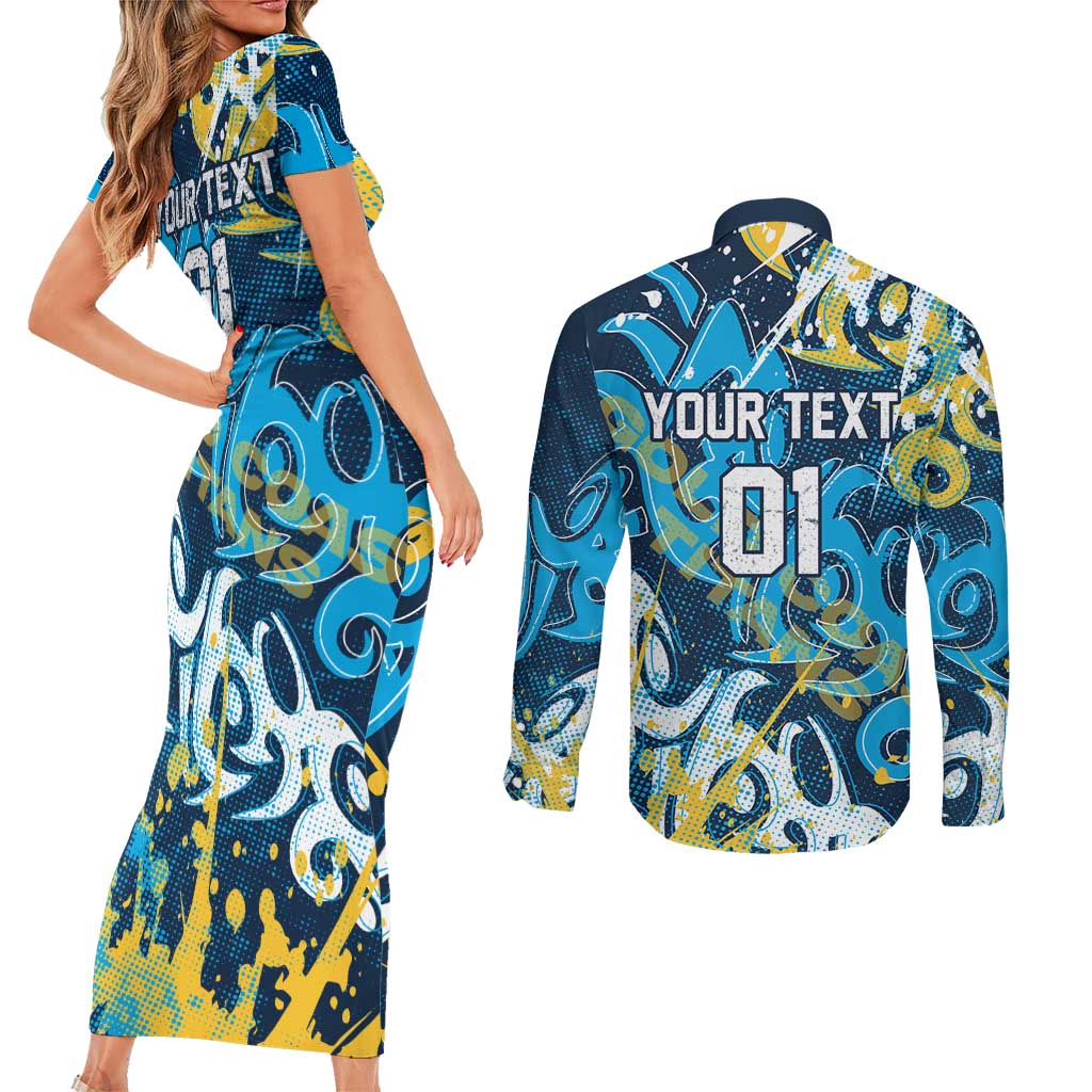 Personalized Gold Coast Titans Rugby Couples Matching Short Sleeve Bodycon Dress and Long Sleeve Button Shirt Urban Street Graffiti Style - Distressed Splatter Elements