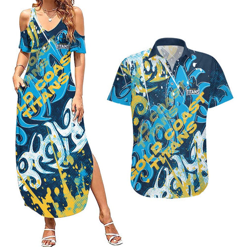 Personalized Gold Coast Titans Rugby Couples Matching Summer Maxi Dress and Hawaiian Shirt Urban Street Graffiti Style - Distressed Splatter Elements