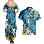 Personalized Gold Coast Titans Rugby Couples Matching Summer Maxi Dress and Hawaiian Shirt Urban Street Graffiti Style - Distressed Splatter Elements
