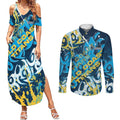Personalized Gold Coast Titans Rugby Couples Matching Summer Maxi Dress and Long Sleeve Button Shirt Urban Street Graffiti Style - Distressed Splatter Elements