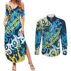 Personalized Gold Coast Titans Rugby Couples Matching Summer Maxi Dress and Long Sleeve Button Shirt Urban Street Graffiti Style - Distressed Splatter Elements