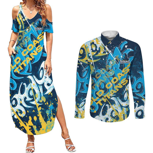 Personalized Gold Coast Titans Rugby Couples Matching Summer Maxi Dress and Long Sleeve Button Shirt Urban Street Graffiti Style - Distressed Splatter Elements