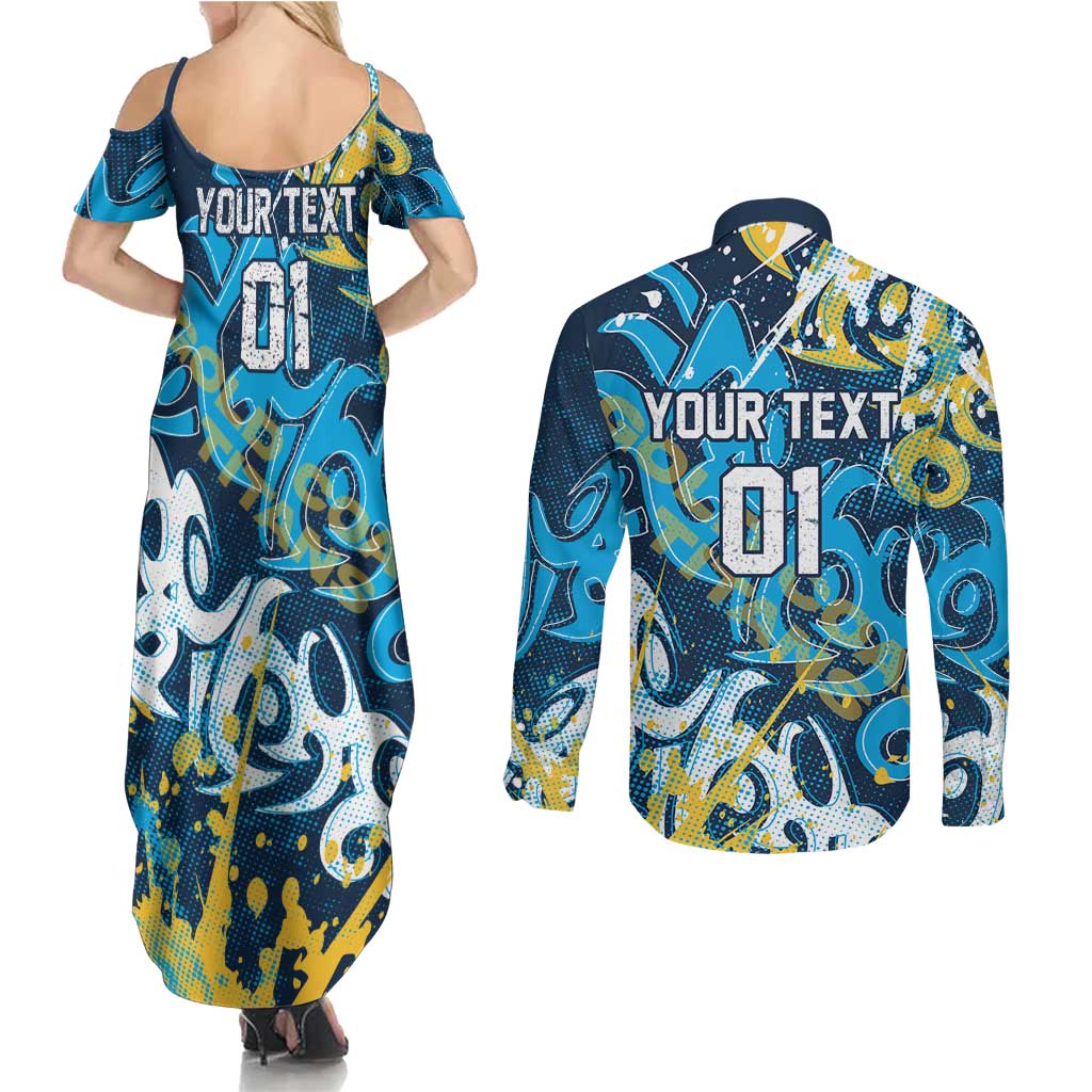 Personalized Gold Coast Titans Rugby Couples Matching Summer Maxi Dress and Long Sleeve Button Shirt Urban Street Graffiti Style - Distressed Splatter Elements