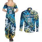 Personalized Gold Coast Titans Rugby Couples Matching Summer Maxi Dress and Long Sleeve Button Shirt Urban Street Graffiti Style - Distressed Splatter Elements
