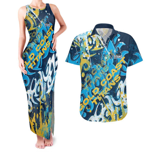 Personalized Gold Coast Titans Rugby Couples Matching Tank Maxi Dress and Hawaiian Shirt Urban Street Graffiti Style - Distressed Splatter Elements