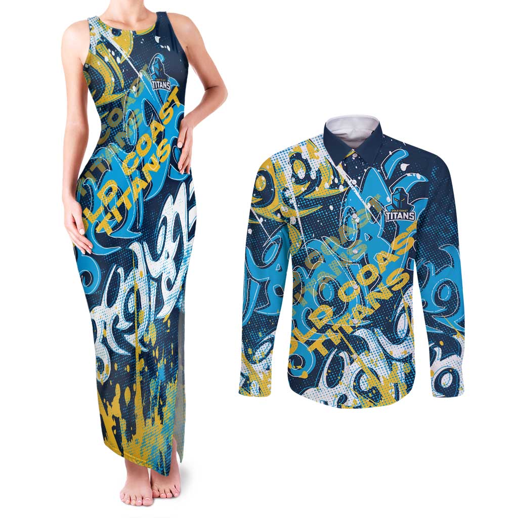Personalized Gold Coast Titans Rugby Couples Matching Tank Maxi Dress and Long Sleeve Button Shirt Urban Street Graffiti Style - Distressed Splatter Elements
