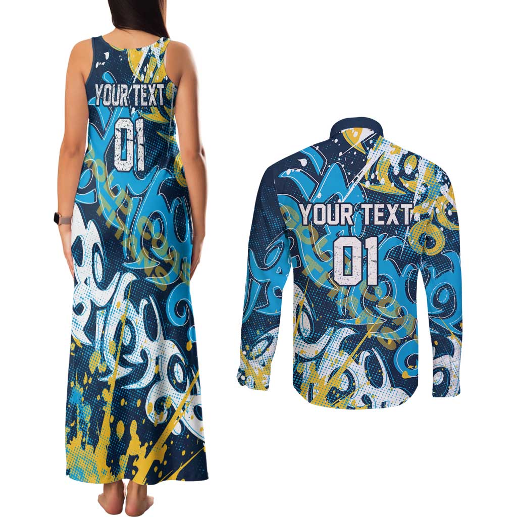 Personalized Gold Coast Titans Rugby Couples Matching Tank Maxi Dress and Long Sleeve Button Shirt Urban Street Graffiti Style - Distressed Splatter Elements