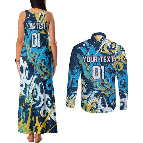 Personalized Gold Coast Titans Rugby Couples Matching Tank Maxi Dress and Long Sleeve Button Shirt Urban Street Graffiti Style - Distressed Splatter Elements