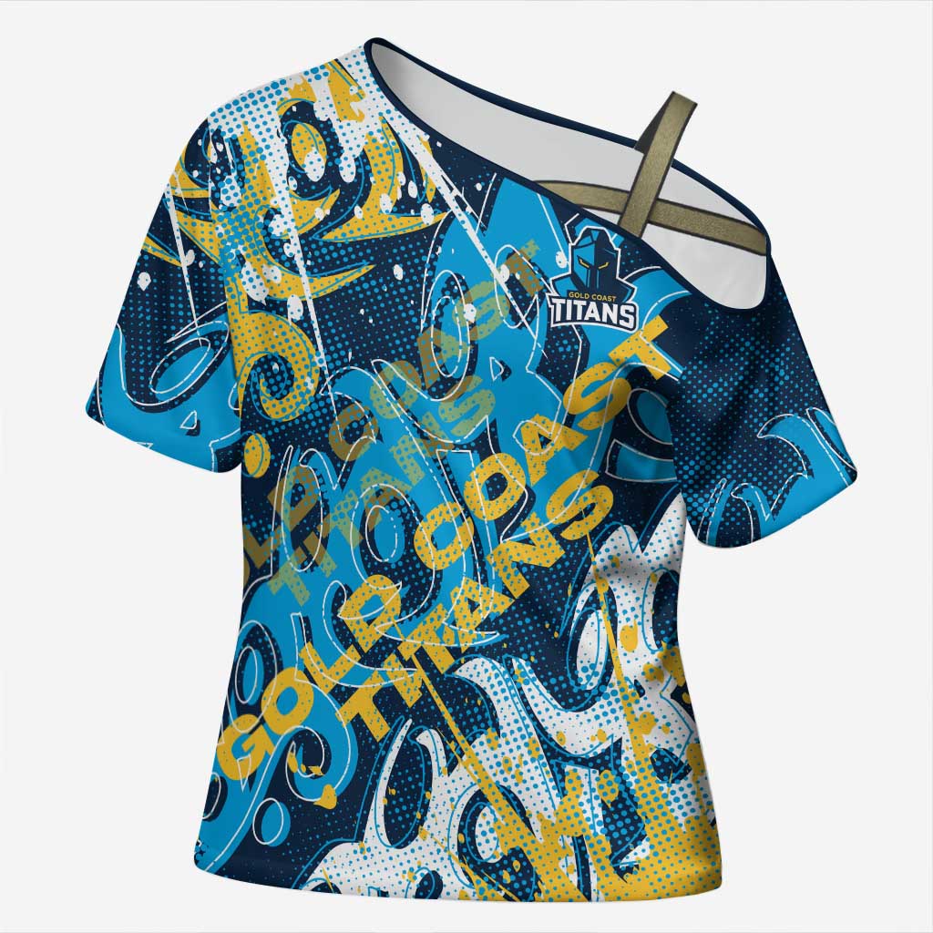 Personalized Gold Coast Titans Rugby Cross Shoulder Shirt Urban Street Graffiti Style - Distressed Splatter Elements