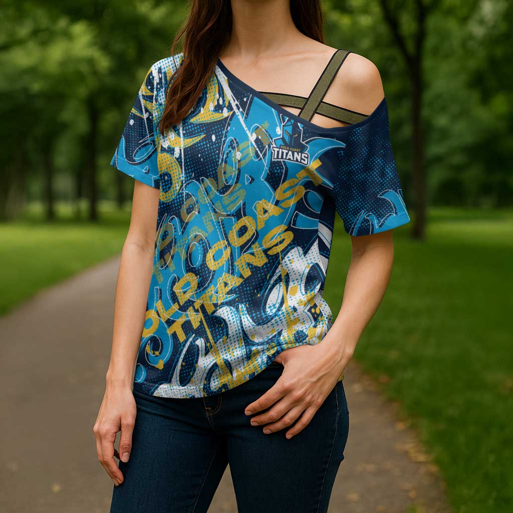 Personalized Gold Coast Titans Rugby Cross Shoulder Shirt Urban Street Graffiti Style - Distressed Splatter Elements
