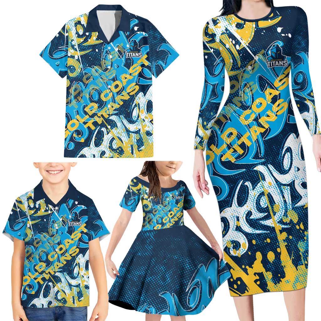 Personalized Gold Coast Titans Rugby Family Matching Long Sleeve Bodycon Dress and Hawaiian Shirt Urban Street Graffiti Style - Distressed Splatter Elements