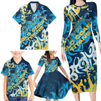 Personalized Gold Coast Titans Rugby Family Matching Long Sleeve Bodycon Dress and Hawaiian Shirt Urban Street Graffiti Style - Distressed Splatter Elements