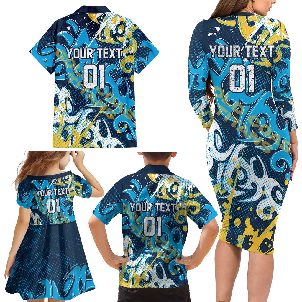 Personalized Gold Coast Titans Rugby Family Matching Long Sleeve Bodycon Dress and Hawaiian Shirt Urban Street Graffiti Style - Distressed Splatter Elements