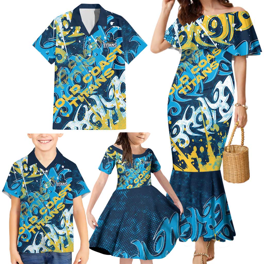 Personalized Gold Coast Titans Rugby Family Matching Mermaid Dress and Hawaiian Shirt Urban Street Graffiti Style - Distressed Splatter Elements