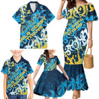 Personalized Gold Coast Titans Rugby Family Matching Mermaid Dress and Hawaiian Shirt Urban Street Graffiti Style - Distressed Splatter Elements