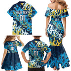 Personalized Gold Coast Titans Rugby Family Matching Mermaid Dress and Hawaiian Shirt Urban Street Graffiti Style - Distressed Splatter Elements